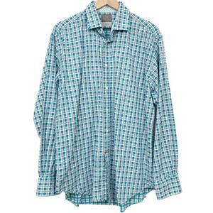 Thomas Dean Button Up Casual Shirt Size XL Plaid Turquoise Blue Contrast Cuff
